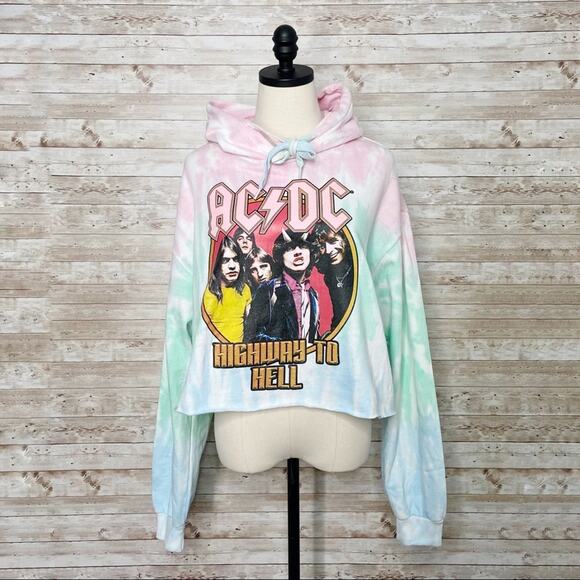 NWT AC/DC Graphic Band Crop Hoodie Tie Dye Festival Concert Boho Casual Size L - Picture 7 of 7
